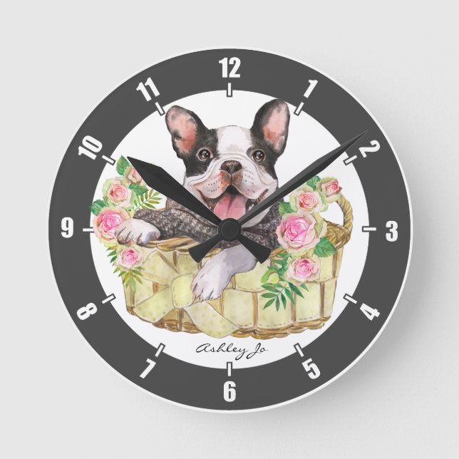 Personalisierter französischer Bulldog-Blumenkorb Runde Wanduhr (Vorderseite)