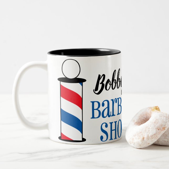Personalisierter Friseurladen Zweifarbige Tasse (Mit Donut)
