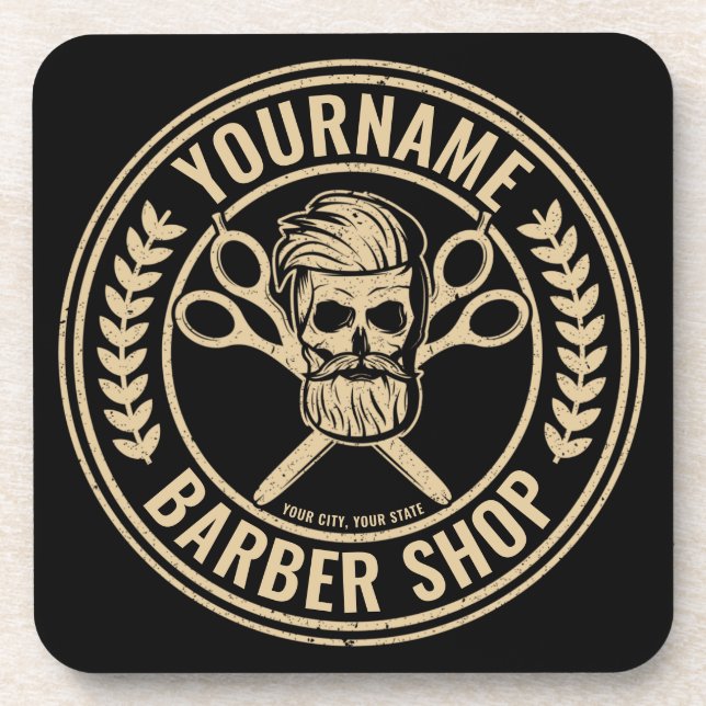 Personalisierter Friseursalon Skull Rockabilon Getränkeuntersetzer (Vorderseite)