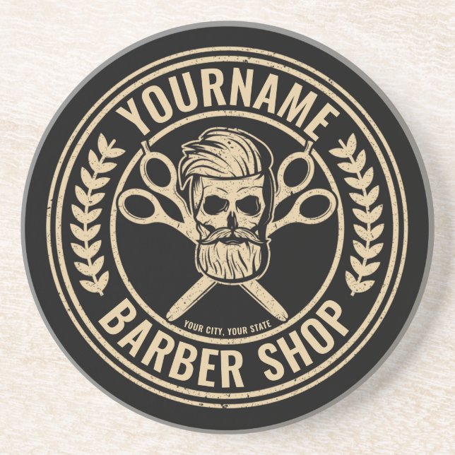 Personalisierter Friseursalon Skull Rockabilon Getränkeuntersetzer (Vorne)