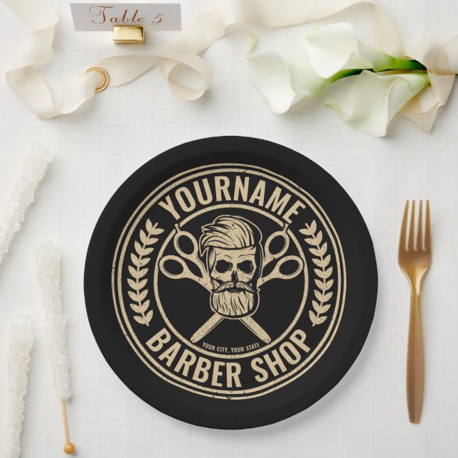 Personalisierter Friseursalon Skull Rockabilon Pappteller (Hochzeit)