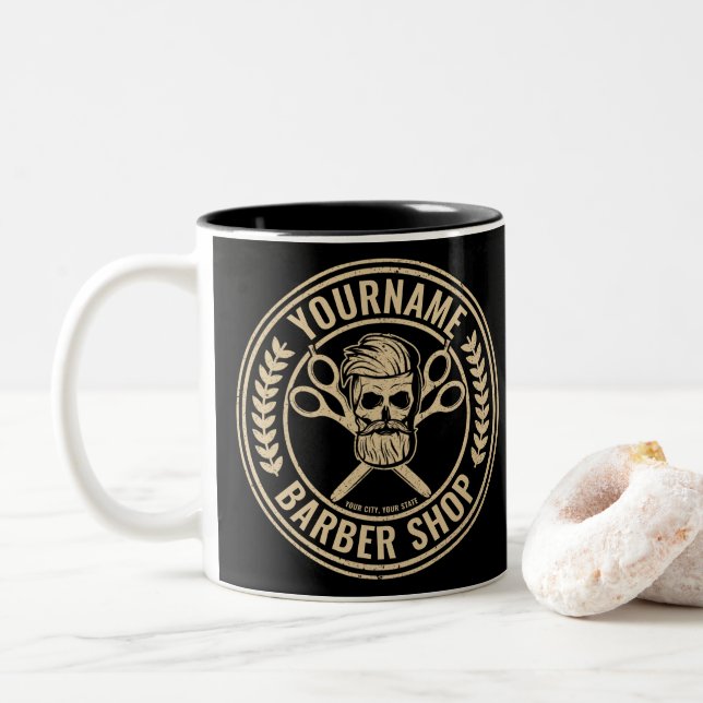 Personalisierter Friseursalon Skull Rockabilon Zweifarbige Tasse (Mit Donut)