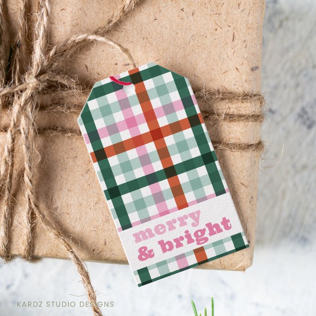 Personalisierter froher und heller Weihnachtsgesch Geschenkanhänger (Merry and Bright, personalize with names Christmas gift tags, with trendy and modern gingham holiday)
