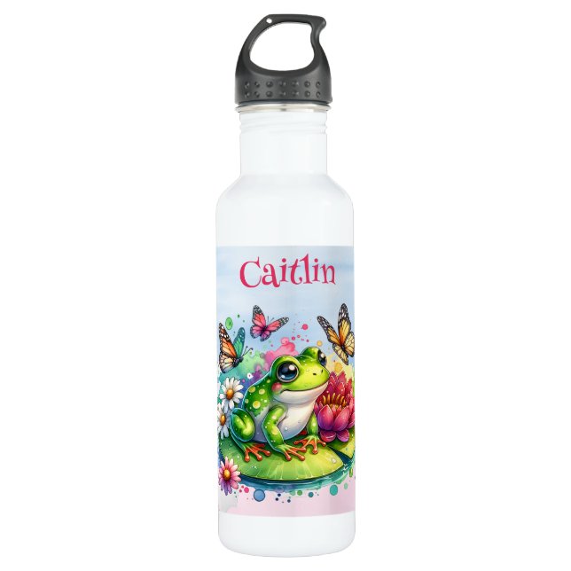 Personalisierter Frosch, Blume und Schmetterlinge Edelstahlflasche (Vorderseite)