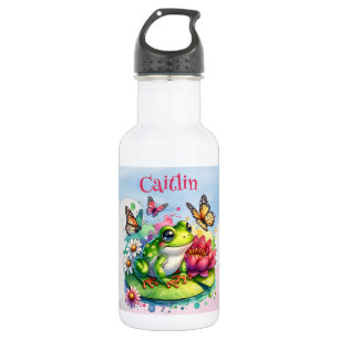 Personalisierter Frosch, Blume und Schmetterlinge Edelstahlflasche