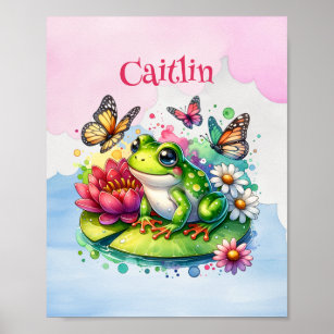 Personalisierter Frosch, Blume und Schmetterlinge Poster