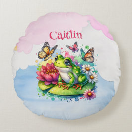 Personalisierter Frosch, Blume und Schmetterlinge Rundes Kissen