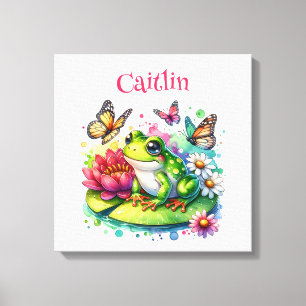 Personalisierter Frosch, Blumen und Schmetterlinge Leinwanddruck