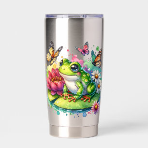 Personalisierter Frosch mit Blume auf Lilypad Thermobecher