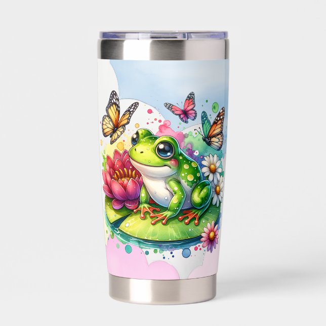 Personalisierter Frosch mit Blume auf Lilypad Thermobecher (Vorderseite)