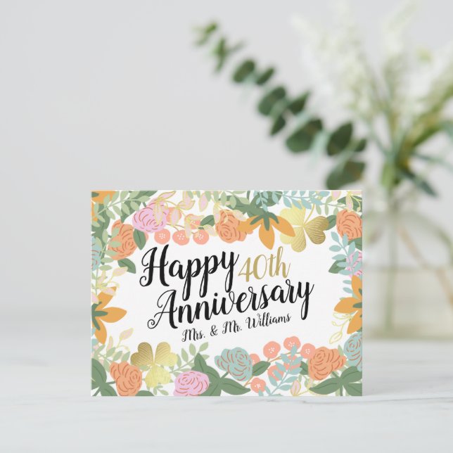 Personalisierter Frühling florale Happy 40 Jahre J Postkarte (Stehend Vorderseite)