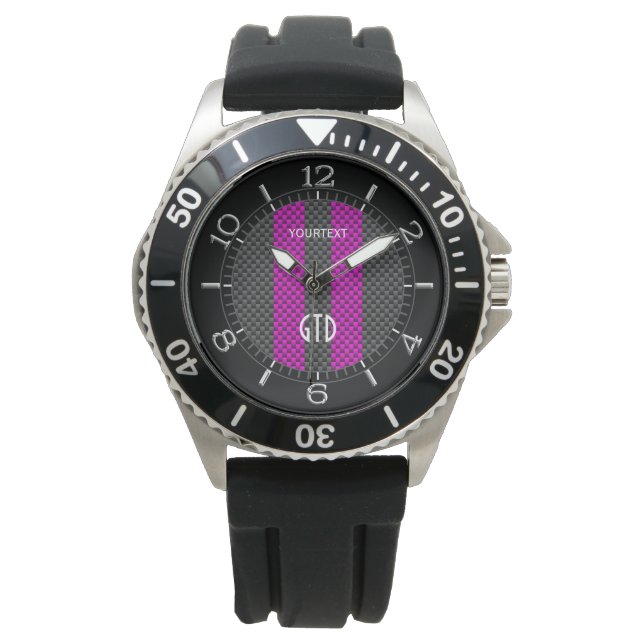 Personalisierter Fuchsia-Rennstreifen im Carbon-St Armbanduhr (Vorderseite)