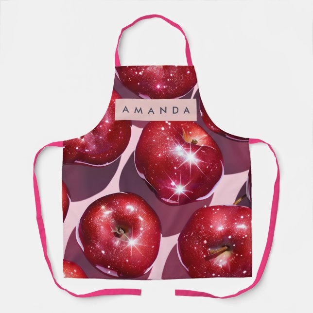 Personalisierter funkelnder roter Apfel rosa Hinte Schürze (Vorderseite)