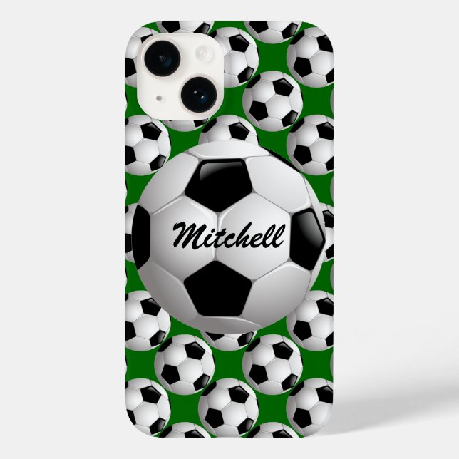 Personalisierter Fußball-Ball auf Fußball-Muster Case-Mate iPhone Hülle (Rückseite)