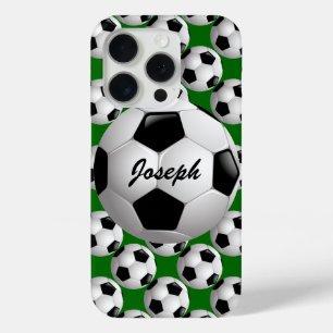 Personalisierter Fußball-Ball auf Fußball-Muster iPhone 15 Pro Hülle