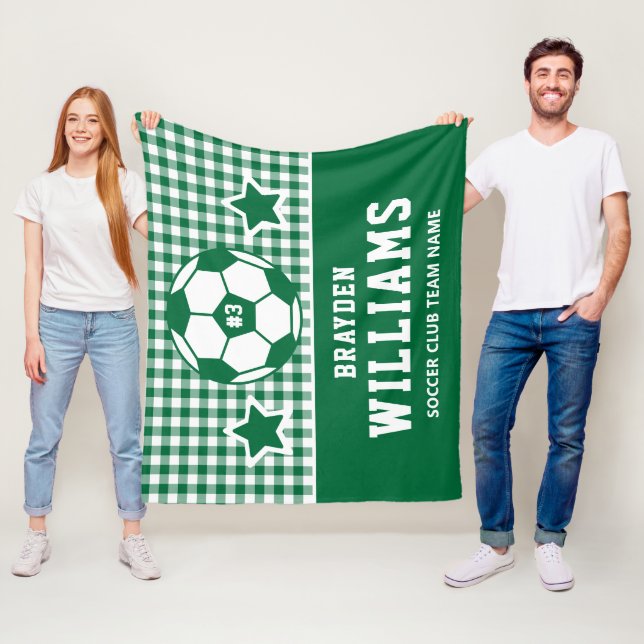 Personalisierter Fußballspieler Name Grün Kariert Fleecedecke (Beispiel)