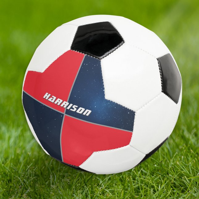 Personalisierter Galaxy-Bereich Fußball (A soccer ball with bright red and blue night sky sections, and customizable name in modern lettering)