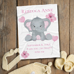Personalisierter Geburtsstat Baby Elephant Pink Gr Fleecedecke