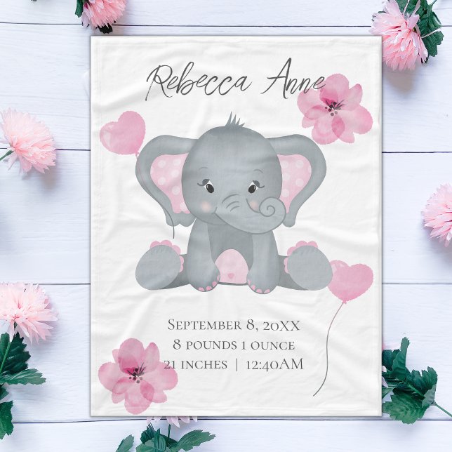 Personalisierter Geburtsstat Baby Elephant Pink Gr Fleecedecke (Von Creator hochgeladen)