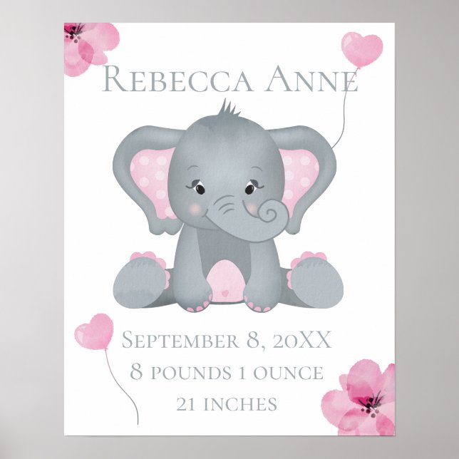 Personalisierter Geburtsstat Baby Elephant Pink Gr Poster (Vorne)