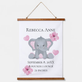 Personalisierter Geburtsstat Baby Elephant Pink Gr Wandteppich Mit Holzrahmen