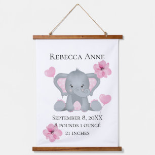 Personalisierter Geburtsstat Baby Elephant Pink Gr Wandteppich Mit Holzrahmen