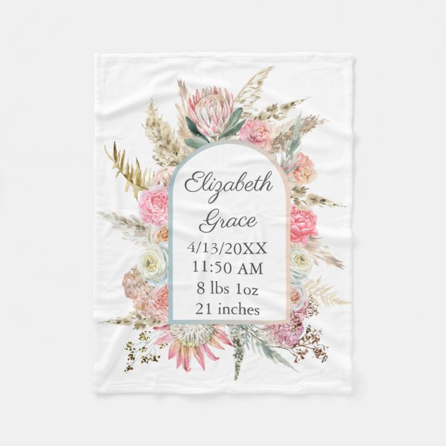 Personalisierter Geburtsstat Pink Floral Boho Baby Fleecedecke (Vorderseite)