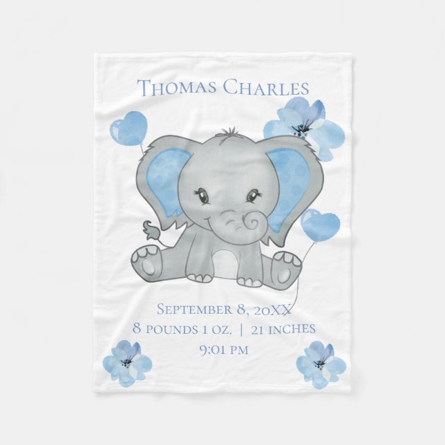 Personalisierter Geburtsstats Baby Elephant Blue G Fleecedecke (Vorderseite)