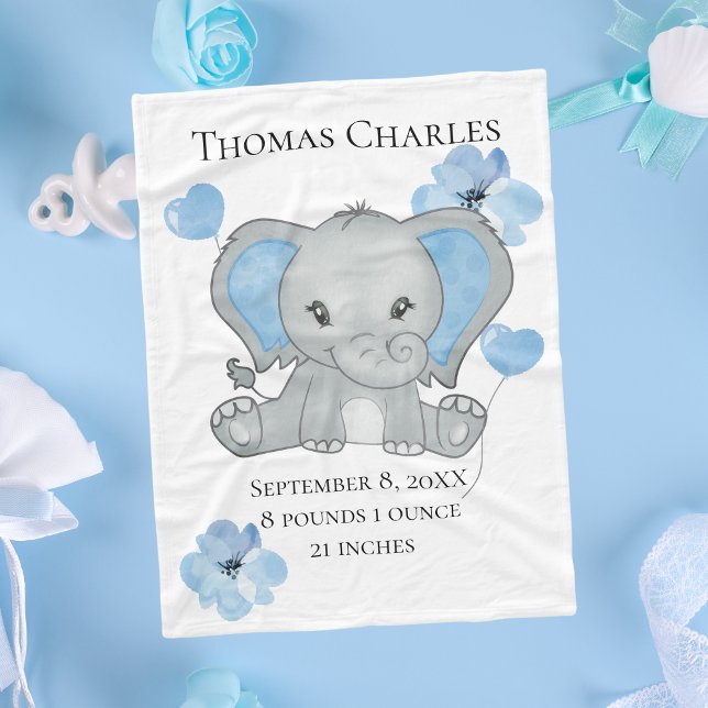 Personalisierter Geburtsstats Baby Elephant Blue G Fleecedecke (Blue Gray Elephant Baby Boy Birth Stats Baby Blanket, Baby Shower gift Gift for new baby boy)