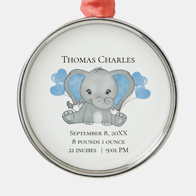 Personalisierter Geburtsstats Baby Elephant Blue G Ornament Aus Metall (Vorne)