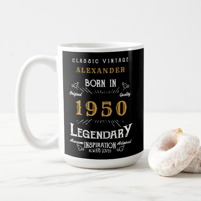 Personalisierter Geburtstag 1950 Legendary Black G Kaffeetasse (Mit Donut)