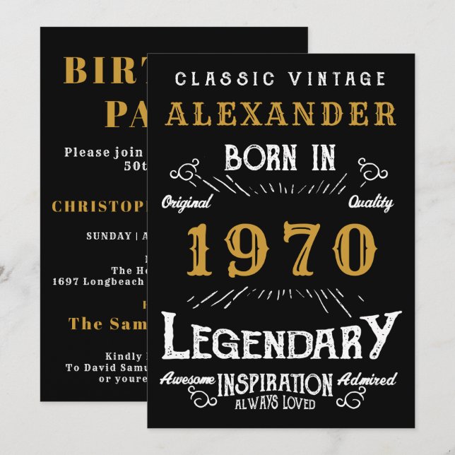 Personalisierter Geburtstag 1970 Name Legendary hi Einladung (Vorne/Hinten)