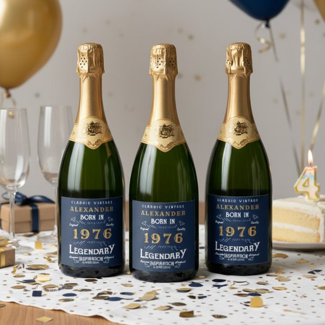 Personalisierter Geburtstag 1976 Name Legendary hi (1976 sparkling wine label on a party table.)