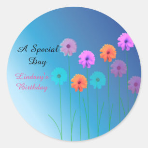 Personalisierter Geburtstag Blaue Gänseblümchen Runder Aufkleber
