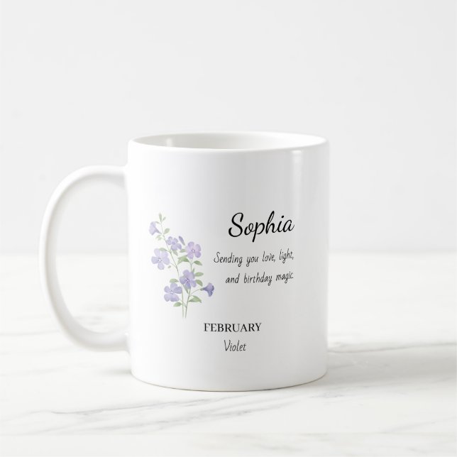 Personalisierter Geburtstag Februar Veilchen Kaffeetasse (Links)