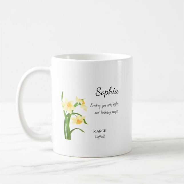 Personalisierter Geburtstag März Narzisse Kaffeetasse (Links)