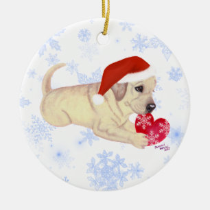 Personalisierter gelber Labrador-Welpen-Sankt Hut Keramik Ornament
