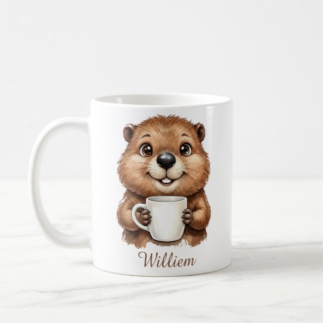 Personalisierter gemütlicher Kaffee-Biber-Waldmorg Kaffeetasse (Links)