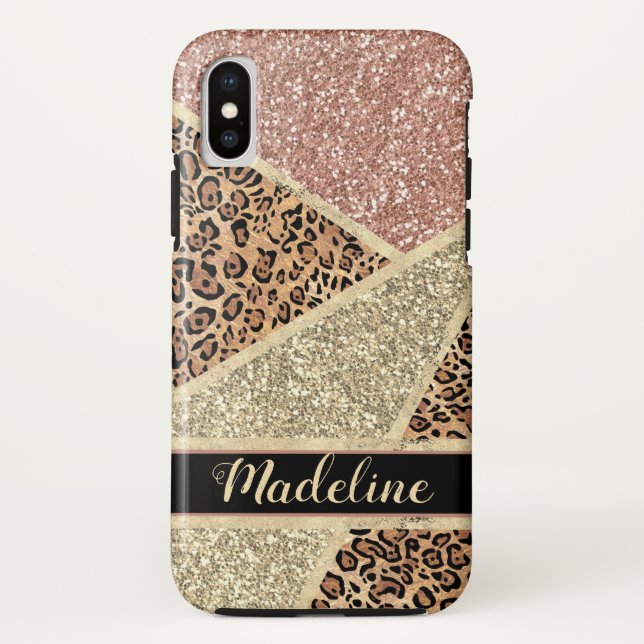 Personalisierter gestreifter Rose Gold Glitzer Leo Case-Mate iPhone Hülle (Rückseite)