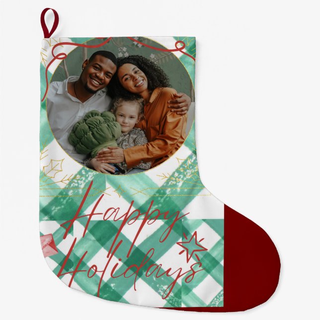 Personalisierter Gingham Großer Weihnachtsstrumpf (Vorderseite)