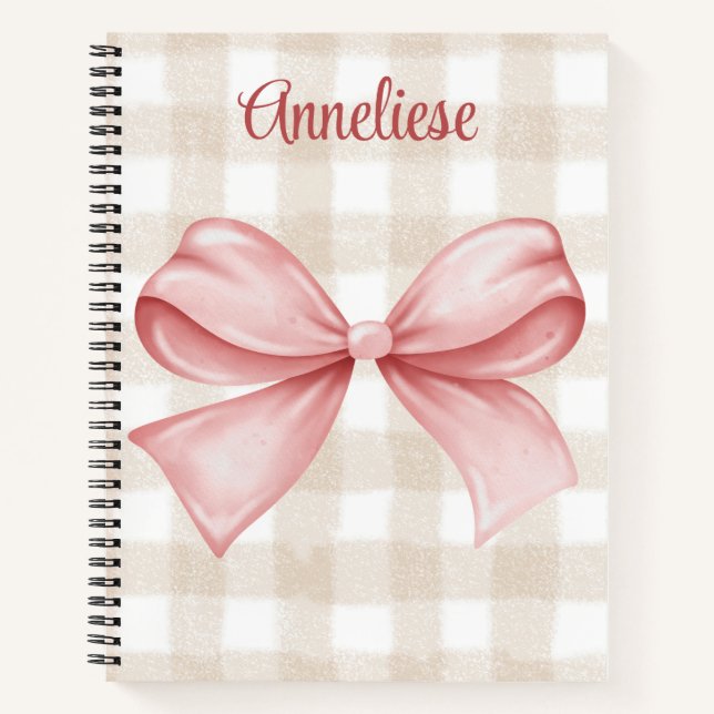 Personalisierter Gingham & Rosa Coquette Bogen Notizbuch (Vorderseite)