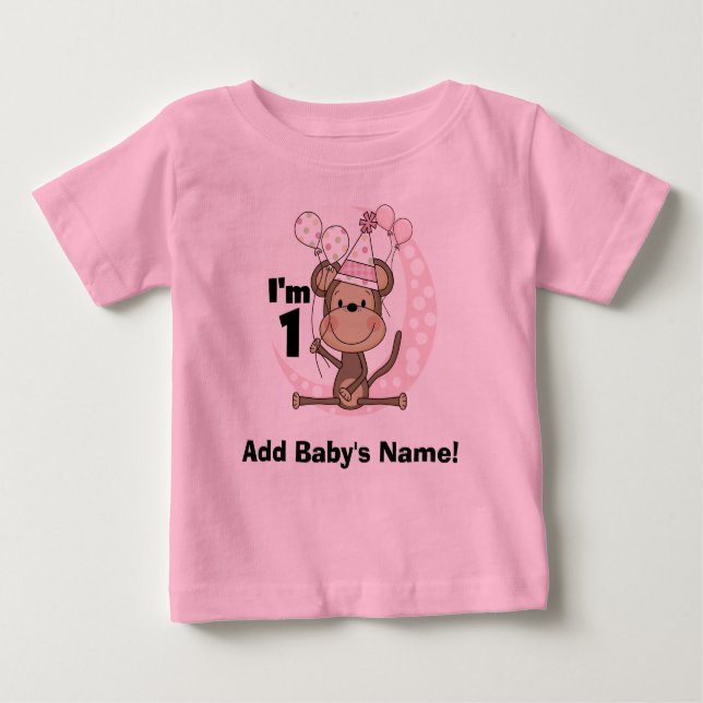 Personalisierter Girl-Affe in Party Hat 1. Geburts Baby T-shirt (Vorderseite)