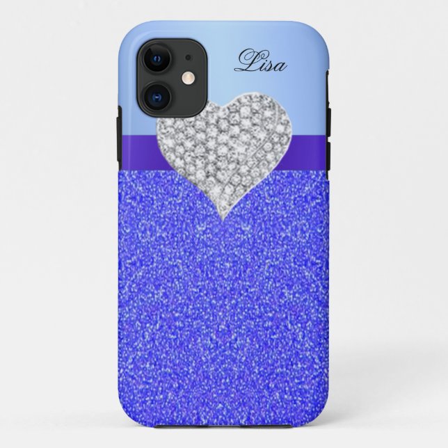 Personalisierter Glamour Herzblauer Glitzer Case-Mate iPhone Hülle (Rückseite)