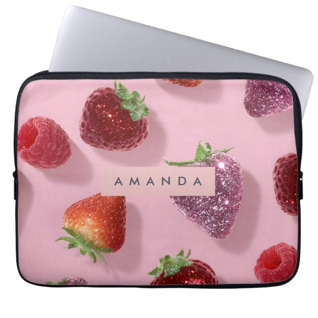 Personalisierter Glitter Erdbeere & Himbeere Laptopschutzhülle (Vorderseite)