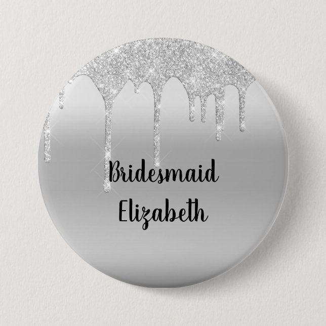 Personalisierter Glitter-Silber-Brautjungfer  Button (Vorderseite)