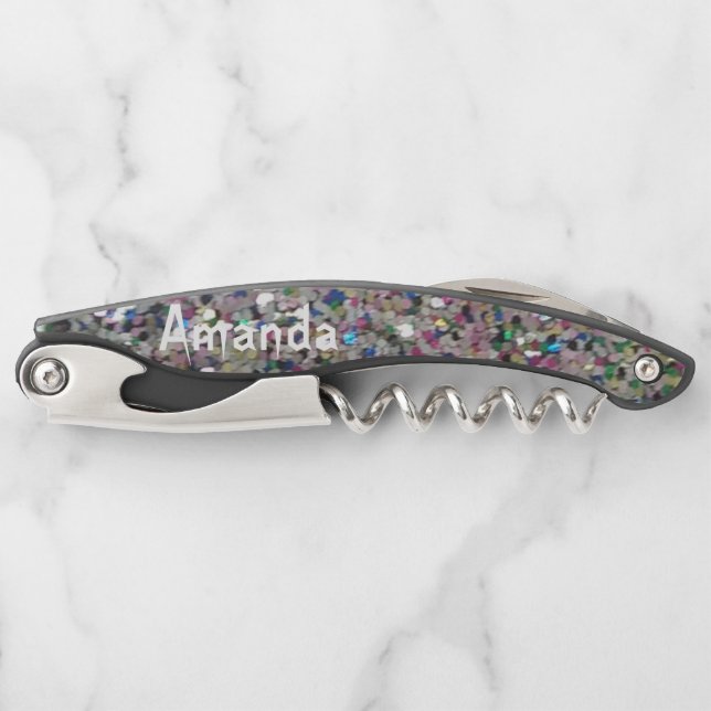 Personalisierter Glitzer Schwarz Kellnermesser (Vorderseite)