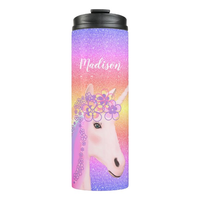 Personalisierter Glitzer Unicorn Regenbogen Kinder Thermosbecher (Vorderseite)