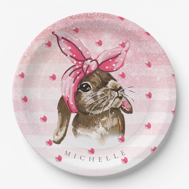 Personalisierter Glitzer von Bunny Hand Pappteller (Vorderseite)