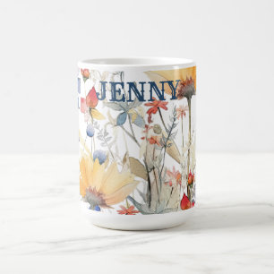 Personalisierter Gold Blau Boho Wildblumen Becher Kaffeetasse