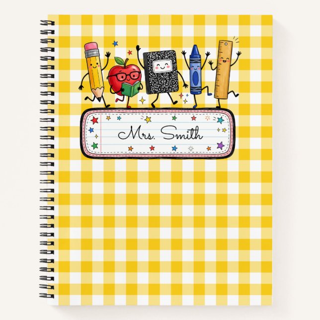 Personalisierter Gold-Gingham-Lehrer Notizbuch (Vorderseite)